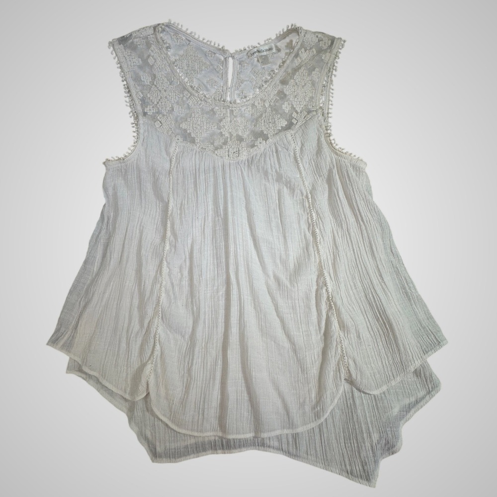 John Paul Richard White Lace Yoke Crinkle Gauze Sleeveless Blouse M7060808J Med